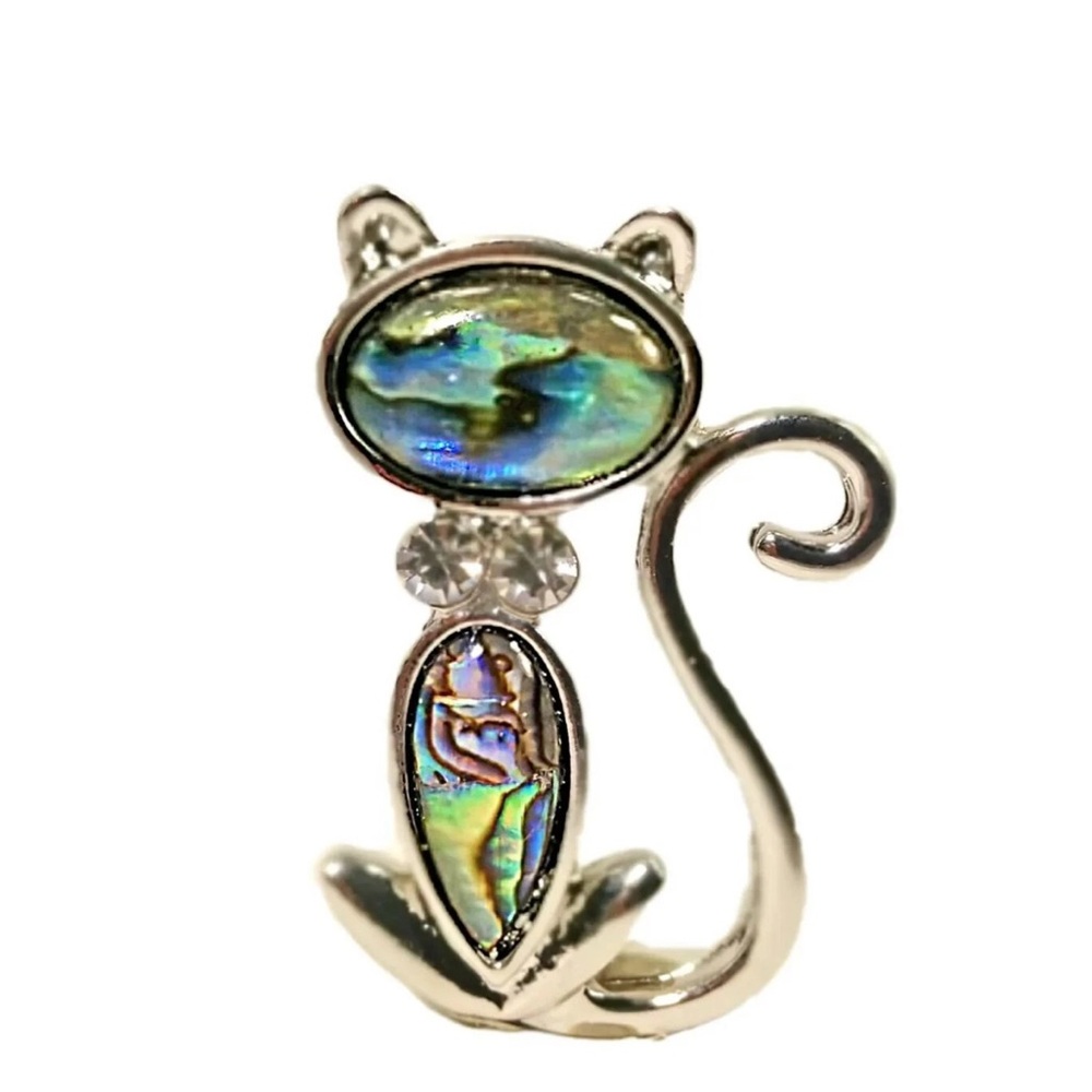 Cat Fashion Brooch Pin in Abalone Shell, with Crystals and Polished Silver